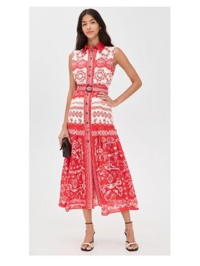SALONI Red and White Collared Belted Midi Dress